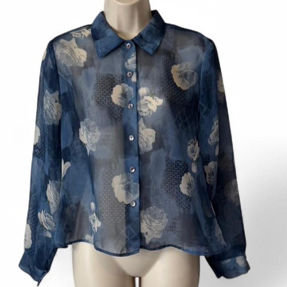 Vintage 90s/Y2K Anxiety Sheer Floral‎ Button Up Blouse, Women's Size M